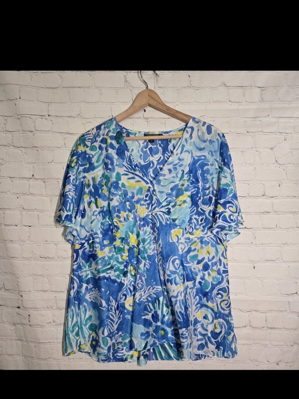 Ralph Lauren Water color floral silk V neck resort wear beach Blouse Preppy 2x